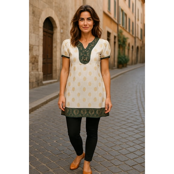 Women White with Golden Floral Design tunic with Green and gold trim, V-neck, Short Sleeves, Kurti, Kurta Tunic Top.