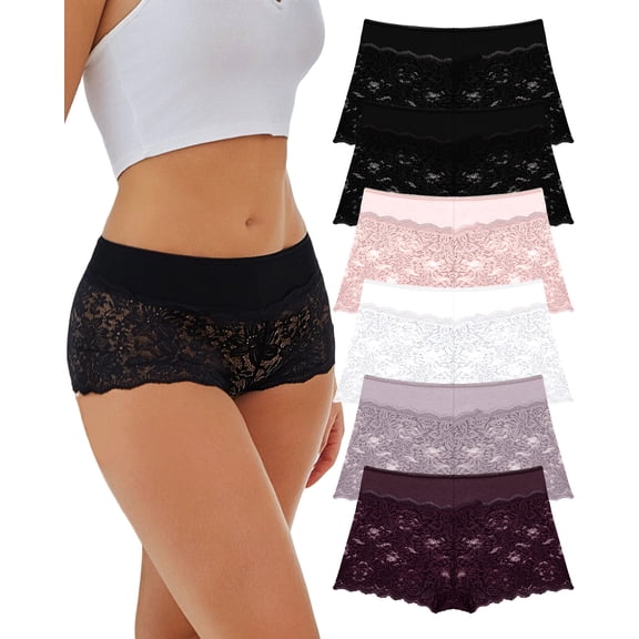 FINETOO Lace Underwear For Women Boy Shorts Cheeky Breathable Panties Invisible Embroidery Floral Briefs S-XL 6 Pack