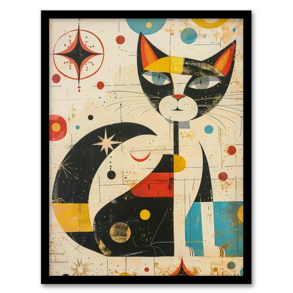 Artery8 Abstract Mid Century Modern Atomic Cat Lover For Living Room Artwork Framed Wall Art Print A4