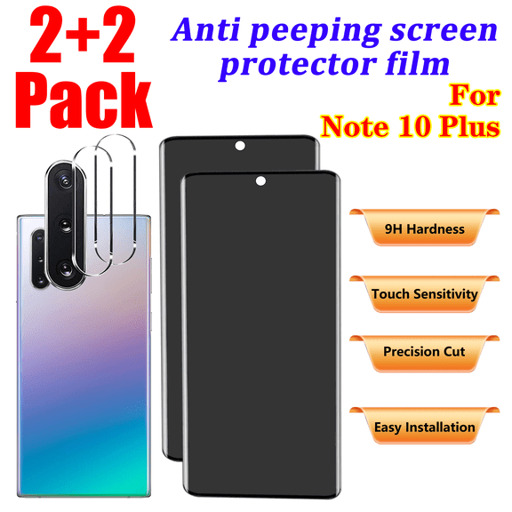 Privacy screen protector tempered film 2Pack for Samsung Galaxy Note 10 Plus （6.8 Inch）Tempered Glass [2 Pack] with Camera Lens Protector [2 Pack]，No Bubbles,9H Hardness , Full Coverage，anti-glare
