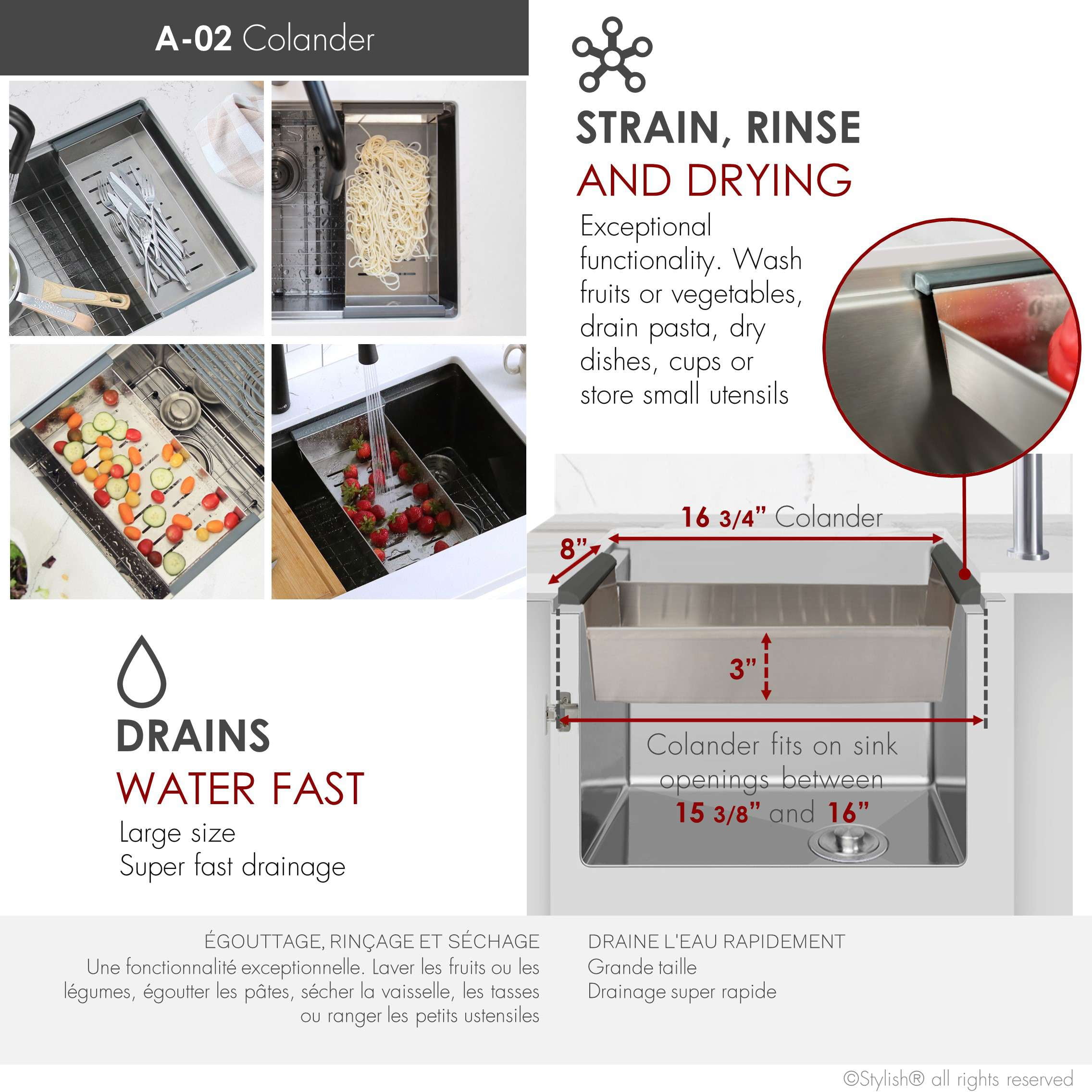 Stylish Stainless Steel Colander (16" x 8"), Gray Silicone Drying Rack (16 ¾" x 13 ⅛") & Bamboo Cutting Board (16 ¾" x 11"), A-919KIT