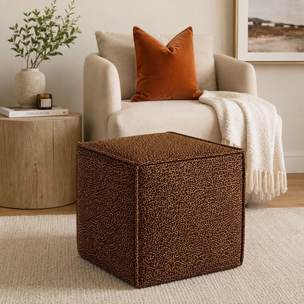 Sanford Living Pontchartrain Pouf Ottoman, Velvet in Leopard