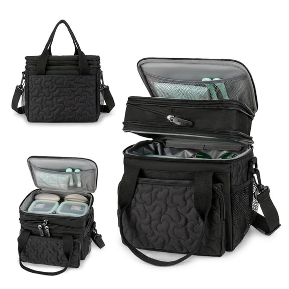 Insulated Lunch Bag Lunch Box Expandable Double Deck Cooler Bag Leakproof Side Tissue Pocket, Adjustable Shoulder Strap for Picnic Camping Hiking School Work, Black