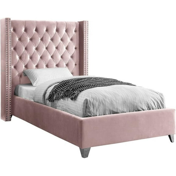 Maklaine Solid Wood Tufted Velvet Wing Back Twin Bed in Pink