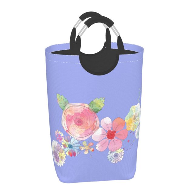 Panier à Linge Imperméable Pliable, Fleurs de Printemps Violettes Poignée en Aluminium Sac à Linge, 50L