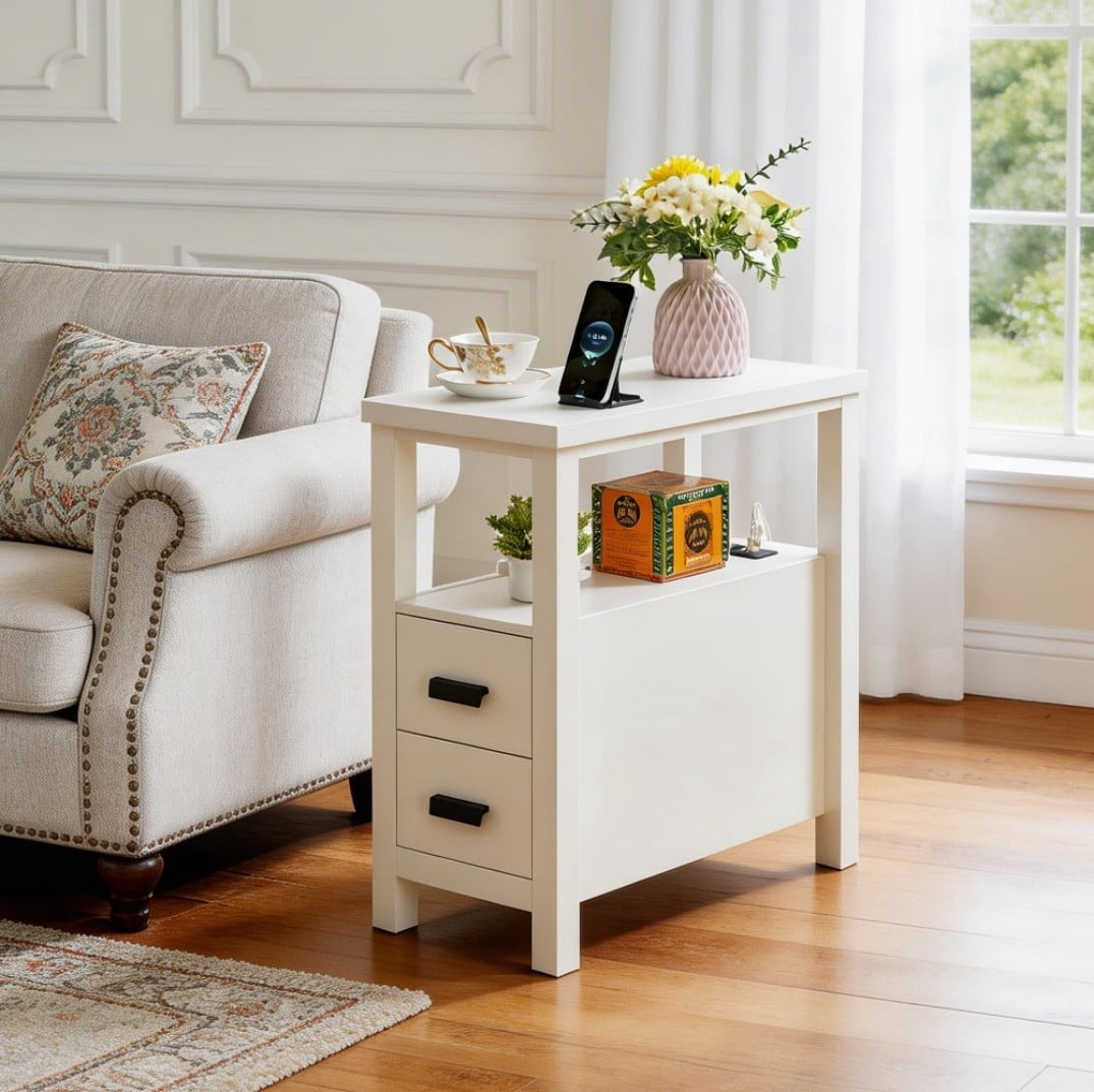 End Table with Charging Station, 2 USB Ports & 2 Outlets, 2-Drawer Nightstand, Small Wood Bedside Table, Rustic Side Table for Bedroom & Office, White