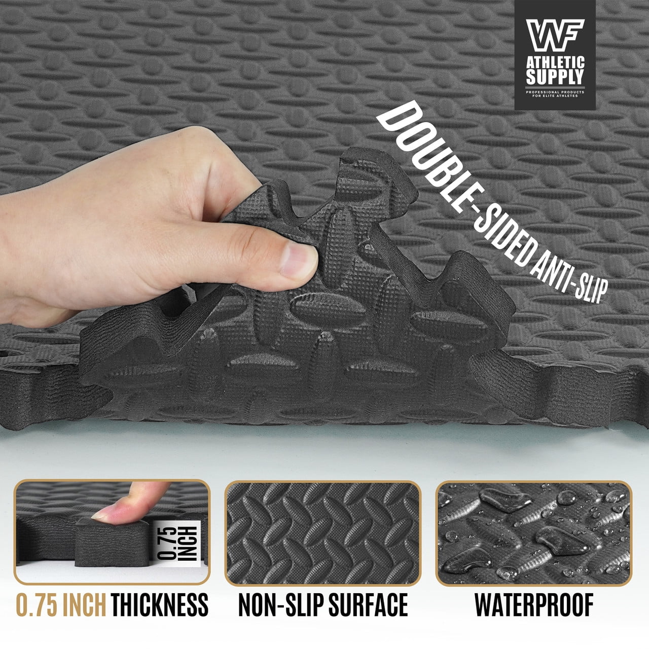 WF Athletic Supply 96 SQ.FT Diamond Pattern 3/4-Inch Thickness Interlocking Exercise Foam Mats, Extra Thick Eva Foam Flooring Tiles, Gym Fitness Equipment Mat, Home Protective Flooring Cushion, Black