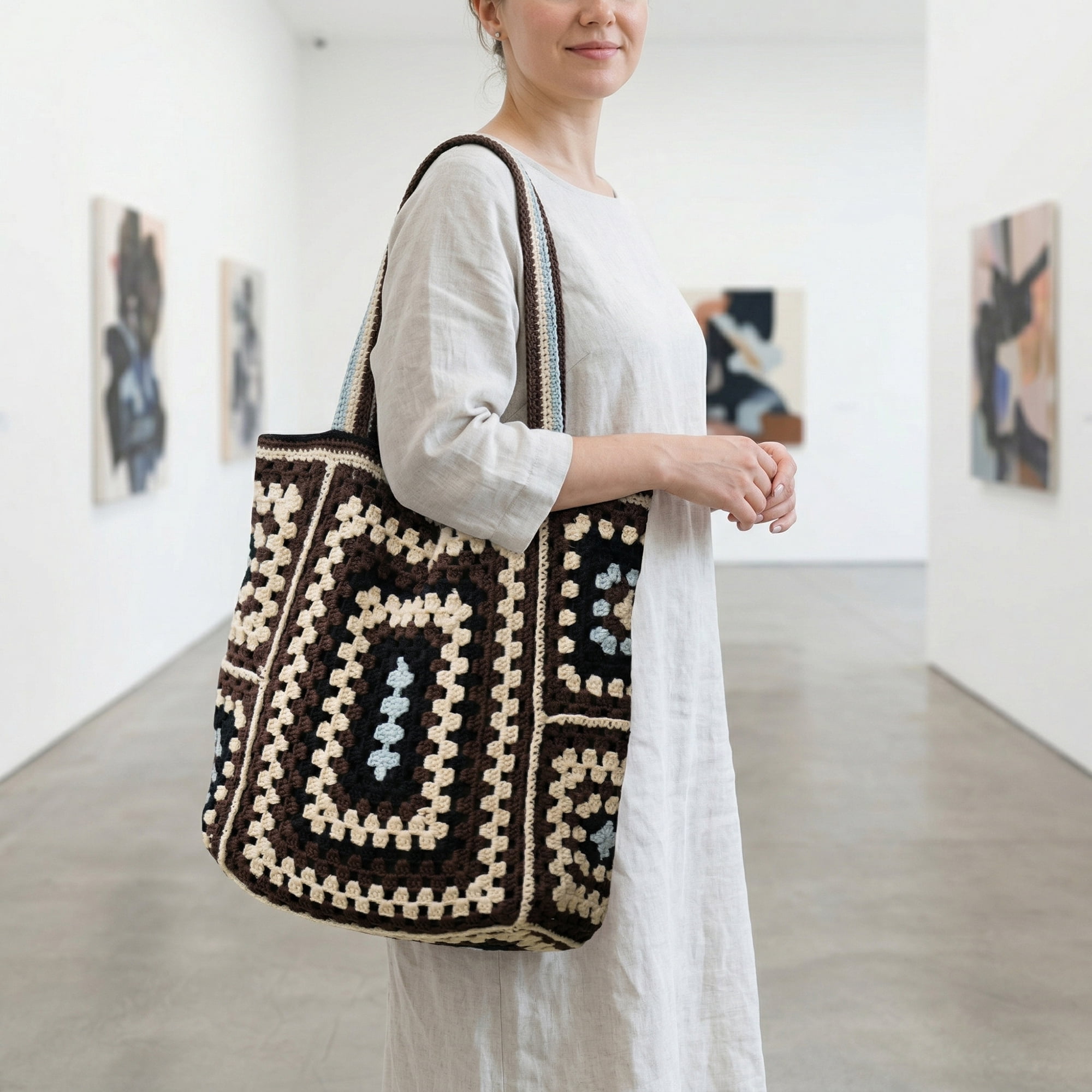 Handmade Crochet Tote Bag for Women, Vintage Granny Square Floral Shoulder Bag with Zipper and Lining, Large Capacity Boho Beach Bag