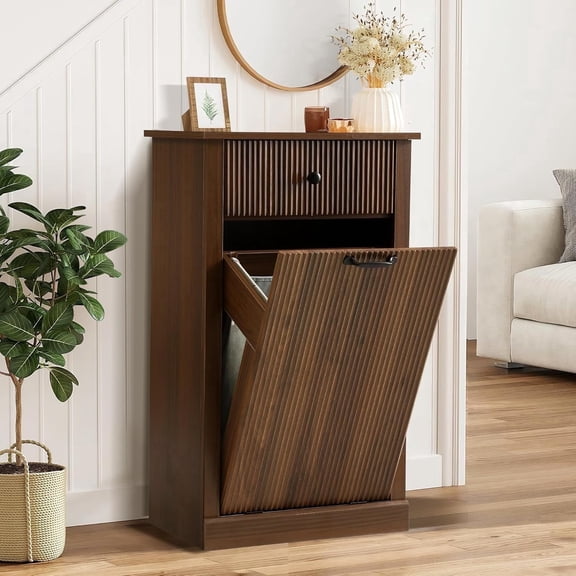 Magic Union Tilt Out Fluted Laundry Hamper Cabinet, 11 Gallon Hidden Laundry Hamper, Wooden Trash Can Cabinets with Drawer, Modern Garbage Can Cabinet for Bathroom, Kitchen, Living Room