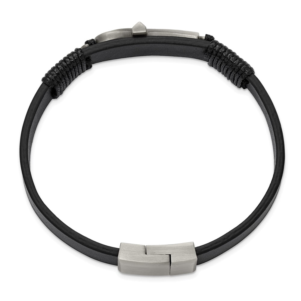 Diamond2Deal Stainless Steel Antiqued and Brushed Ankh Cross Black Leather Bracelet for Men 8.5"