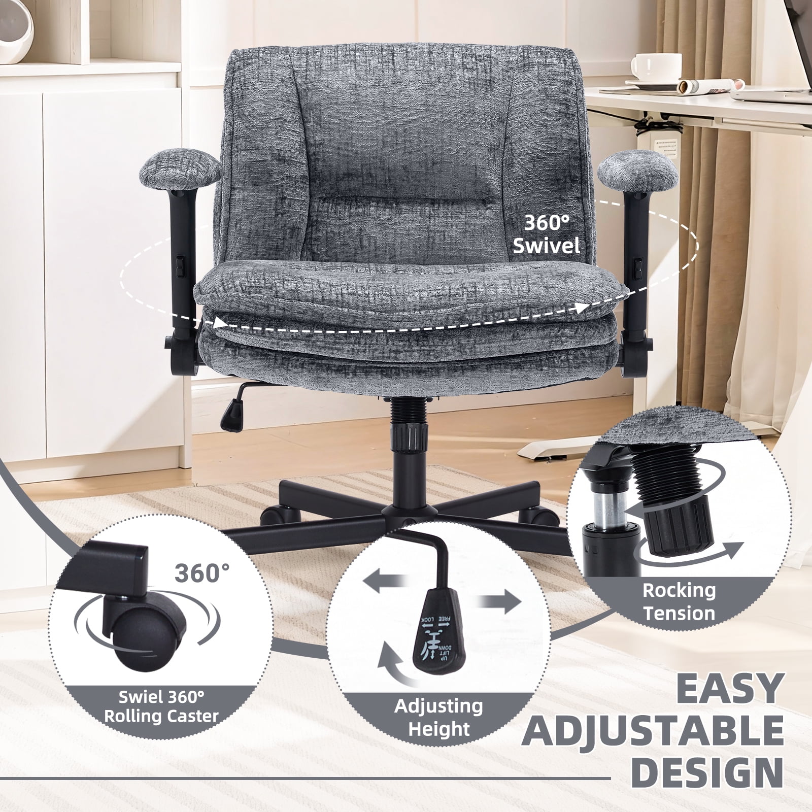 Criss Cross Legged Office Chair with Wide 3 Layer Cushions, Ergonomic Criss Cross Desk Chair with Dynamic Lumbar Support and Flip-up Arms, Mid Back Fabric Swivel Vanity Chair for Work, Study, Leisure