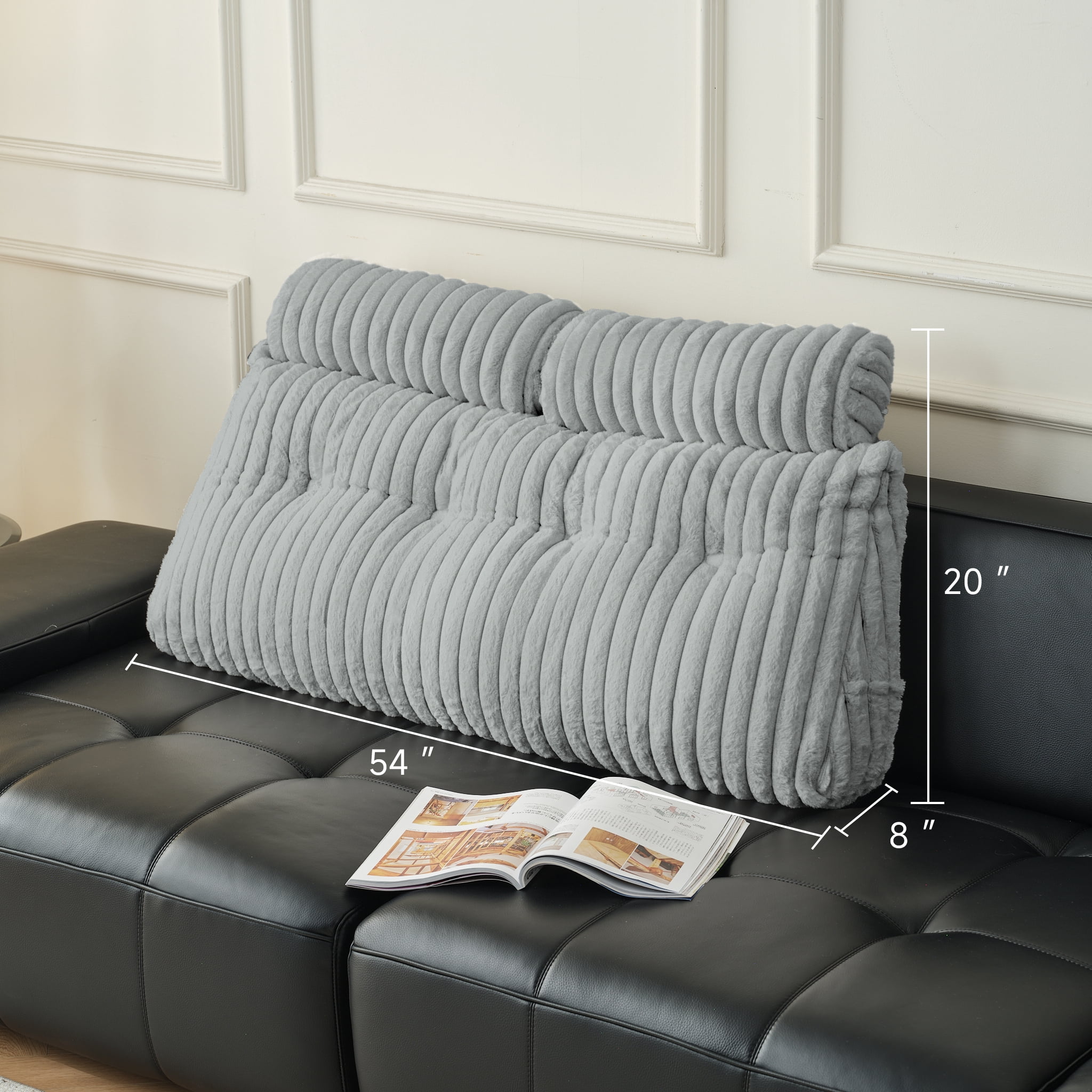 Z-Hom Full Faux Fur Large Backrest Wedge Pillow with Side Pockets, Triangular Headboard Pillow Bed Rest Reading Pillow with 2 Neck Roll Pillow(Gray, 54"x20"x8")