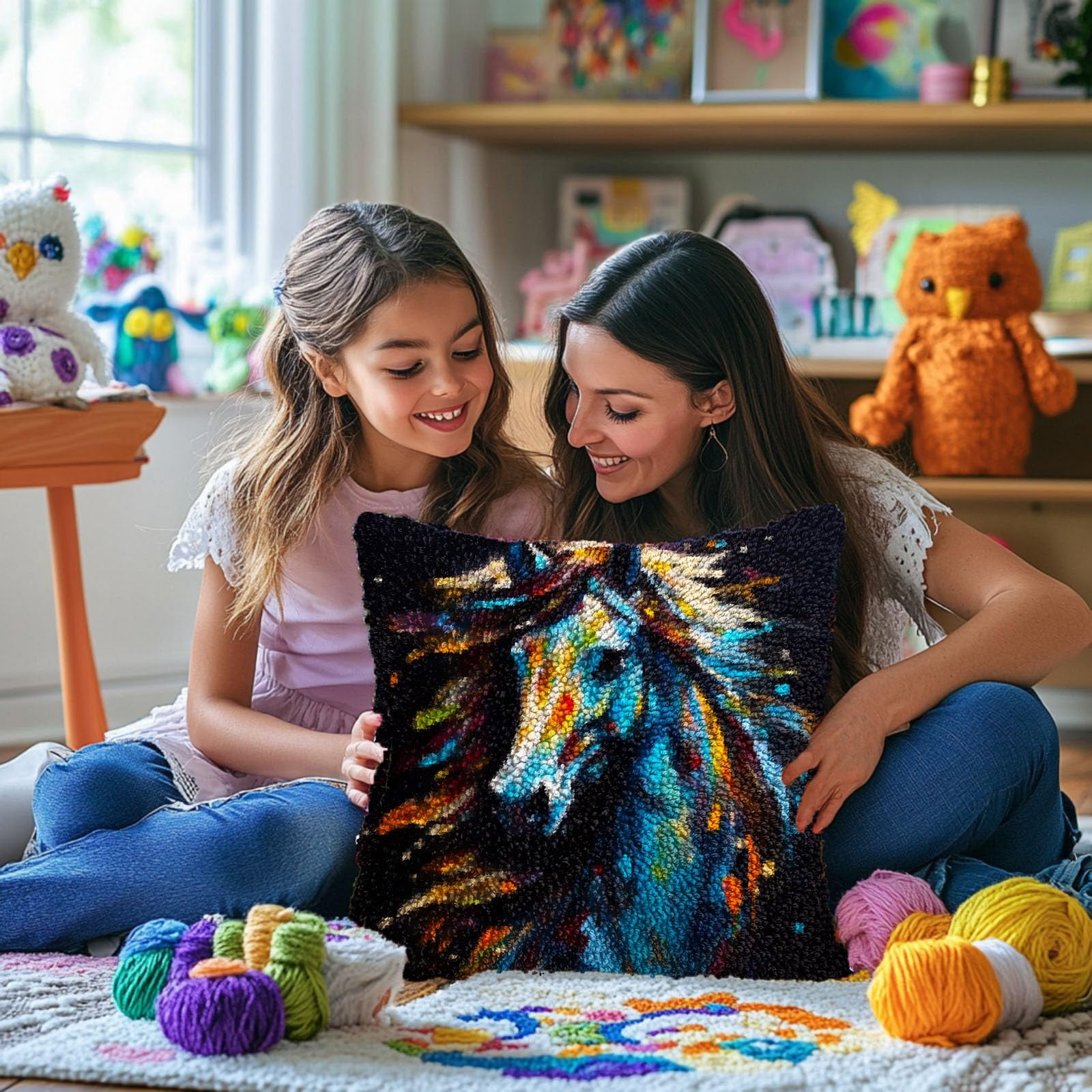 Pigment Colorful Animal Horse DIY Latch Hook Pillow Kits for Adults Printed Pillowcase Crochet Yarns Hooking Handmade Pillow Cover Cushion for Home Sofa Decoration 17x17inch