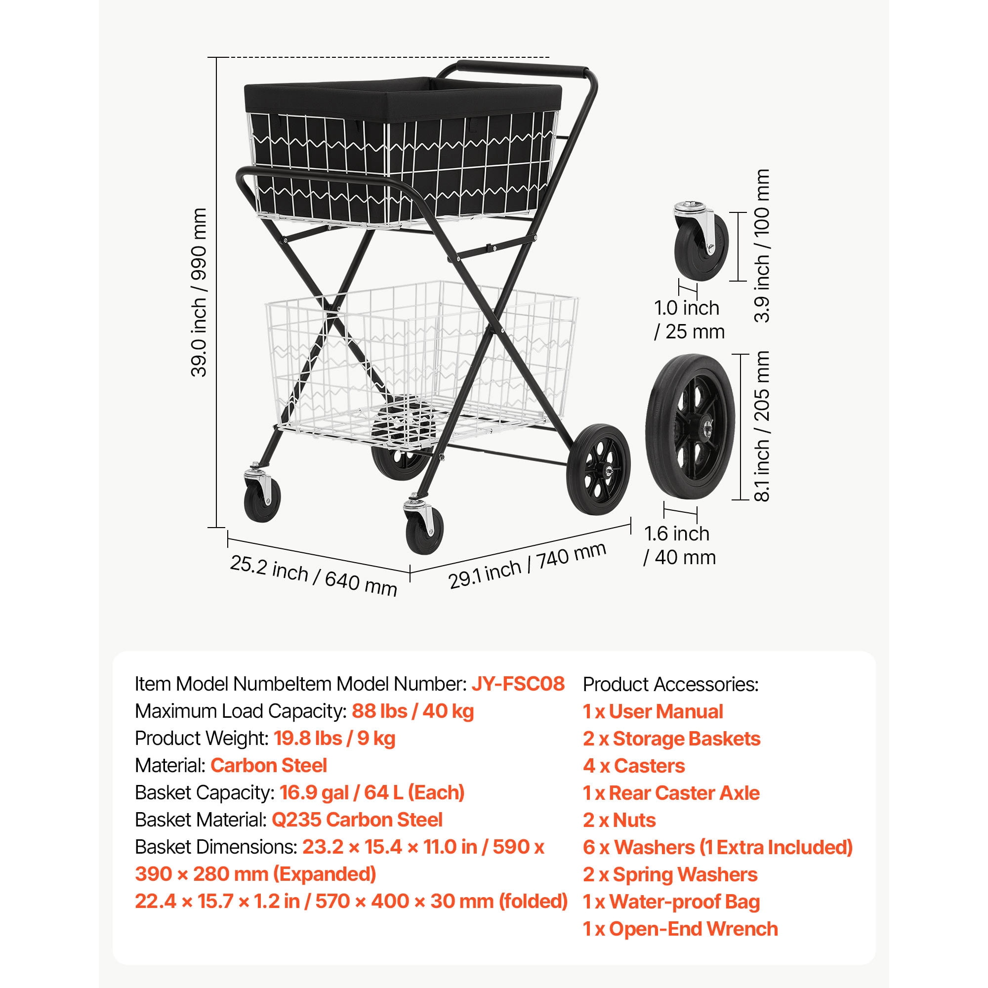 KFFKFF Foldable 2-Tier Shopping Cart with Wheels, 88lbs Capacity, Utility Cart with Detachable Storage Baskets and 360° Swivel Wheels for Groceries, Warehouse, and Supermarket Use