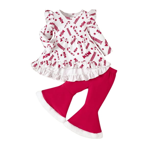 Suealasg Little Girls Christmas Outfits 1T 2T 3T 4T 5T Toddler Girls Long Sleeve Candy Cane Print A-line Tops Flared Pants Sets 2Pcs Child Girls Christmas Clothes