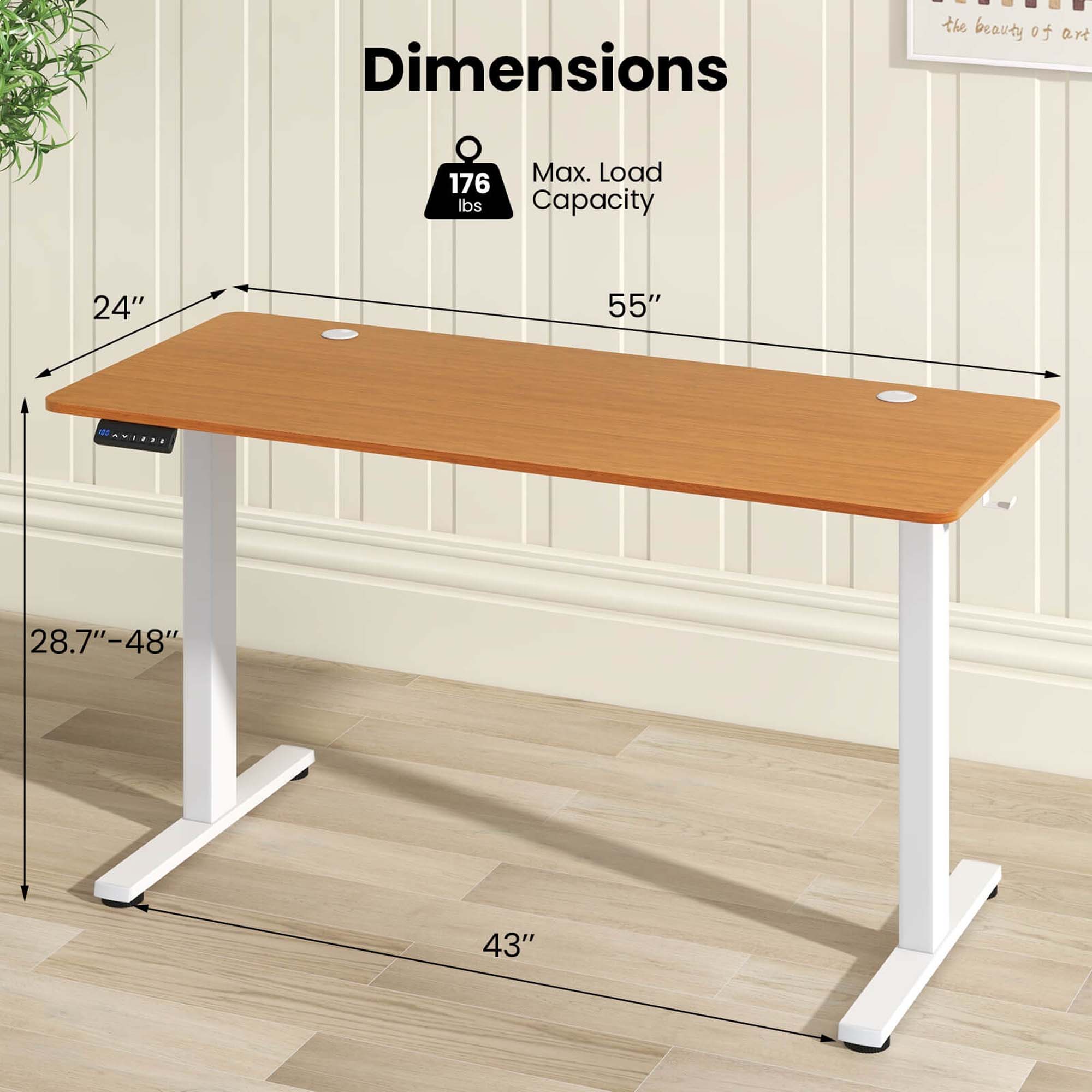 Costway 55" x 24" Electric Standing Desk with 3 Memory Height Settings 2 Hanging Hooks Natural