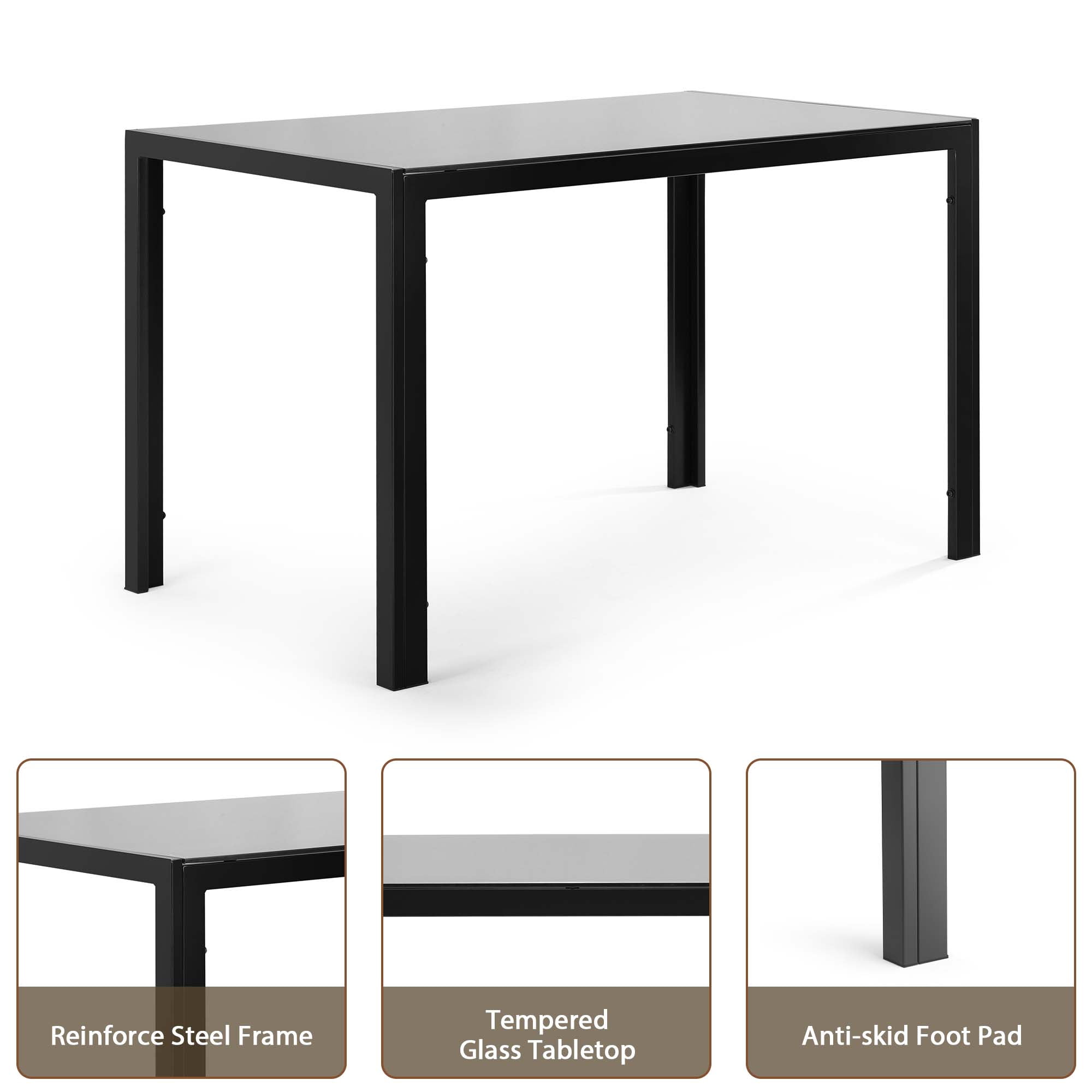 Aukfa 5-Piece Dining Table Set for Dining Room, Kitchen, Dinette, w/Glass Tabletop, 4 Faux Leather Metal Frame Chairs - Black