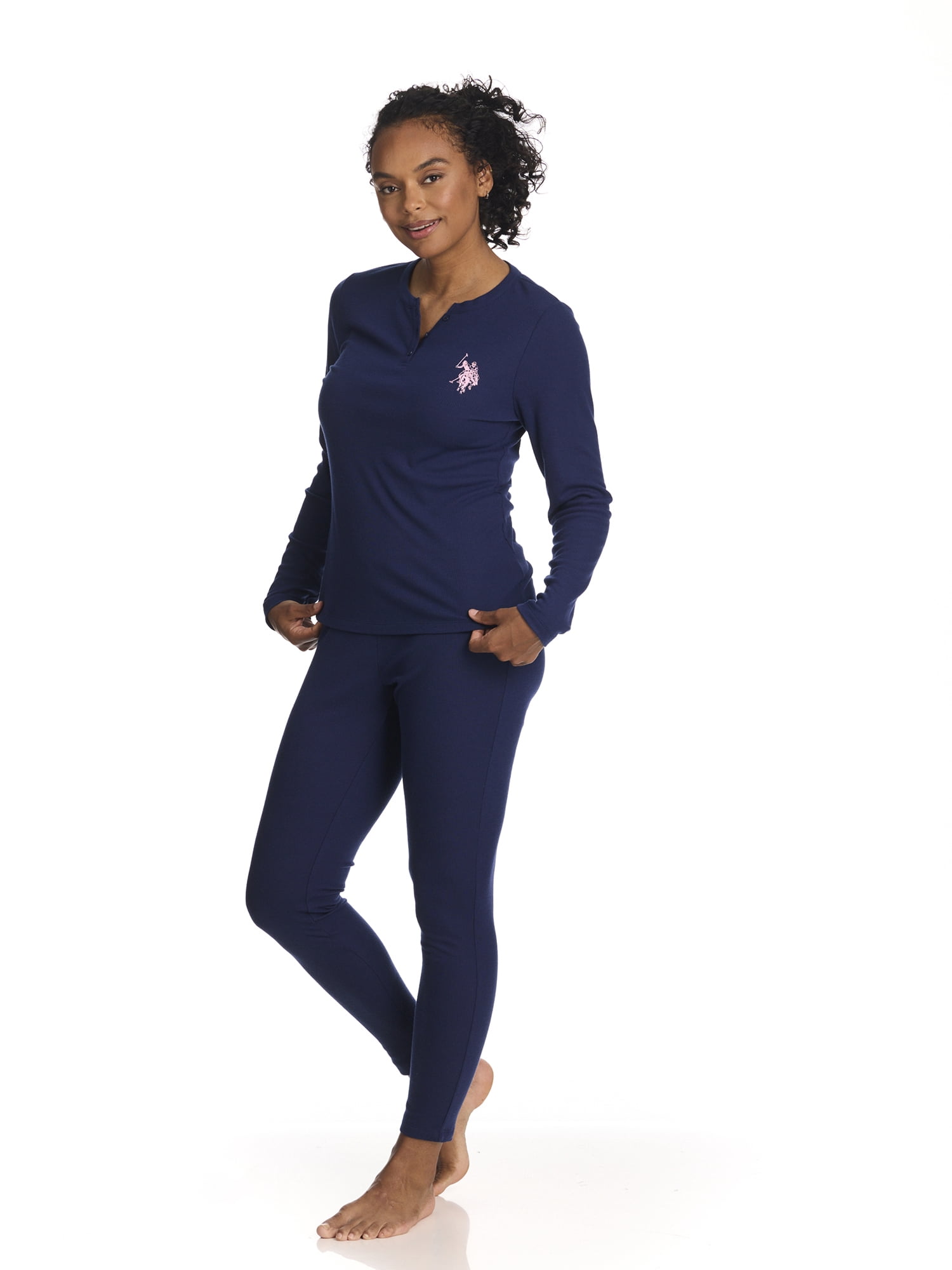 U.S. Polo Assn. Women's Ribbed Henley Long Underwear Thermal Set, 2-Piece Set, Sizes S-3X