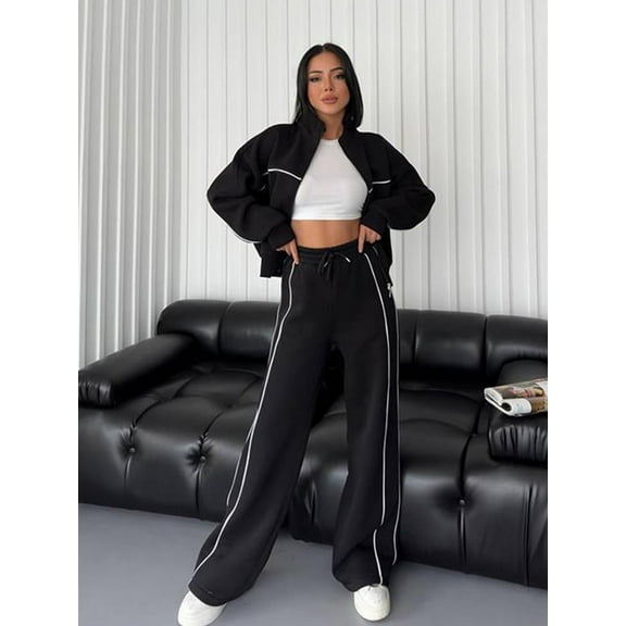 Striped Long Sleeved Zippered Jacket Set (XL, Black)