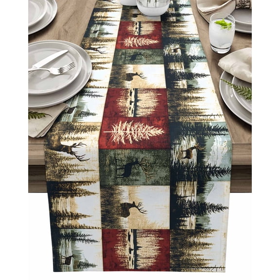 Table Runner Deer Forest Table Decoration for Kitchen Dinning Animal Leaves Table Decoration for Indoor Outdoor Party Wedding Decor 13x72inch