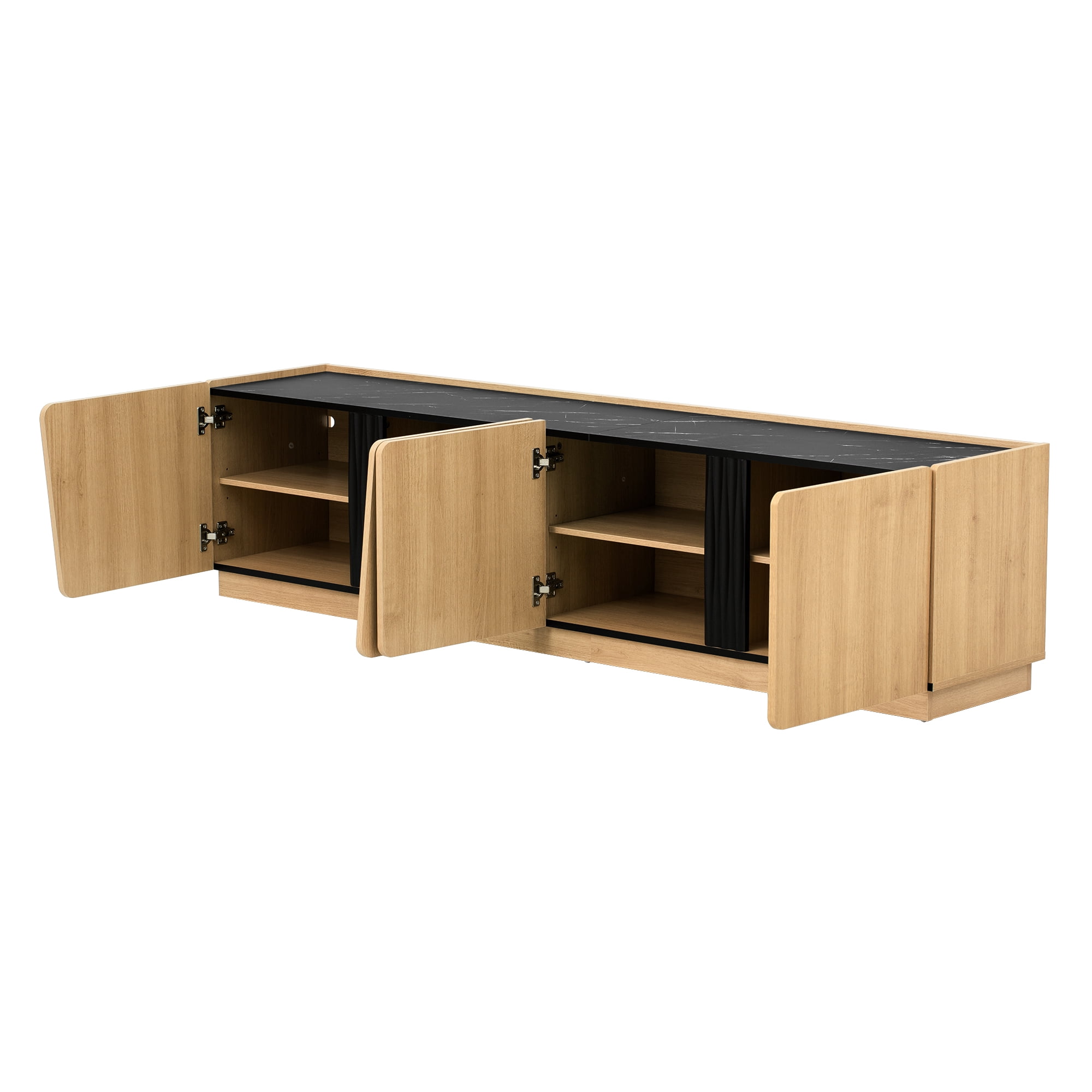 Modern Storage Cabinet with Rounded Corners and Marble Contrast Top, 75-Inch TV Stand with Adjustable Shelves for Living Room, Oak