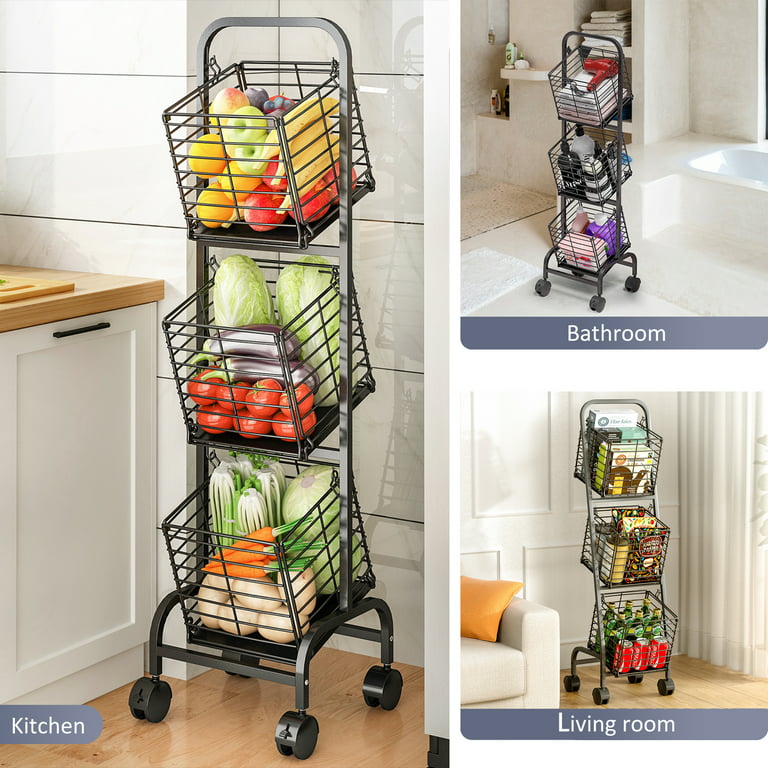 Fruit Vegetable Storage Basket, 3 Tier Metal Basket Stand with Wheels  Kitchen