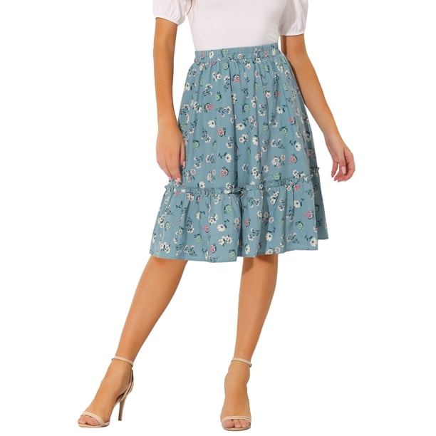 Falda Midi Floral con Volantes de Cintura Elástica A-Line para Mujeres INSPIRE CHIC en Azul Polvoriento L