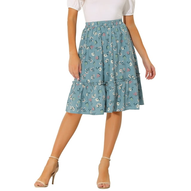 Unique Bargains Women's Ruffle Hem Flowy Tiered A-Line Floral Midi Skirt Dusty Blue L