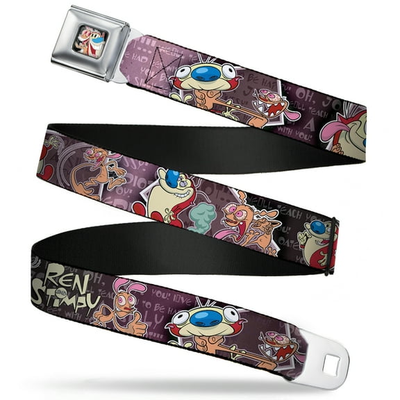 Nickelodeon Belt, Seatbelt Buckle Belt, Ren Stimpy Poses Text Purples, 34 to 52 Inches