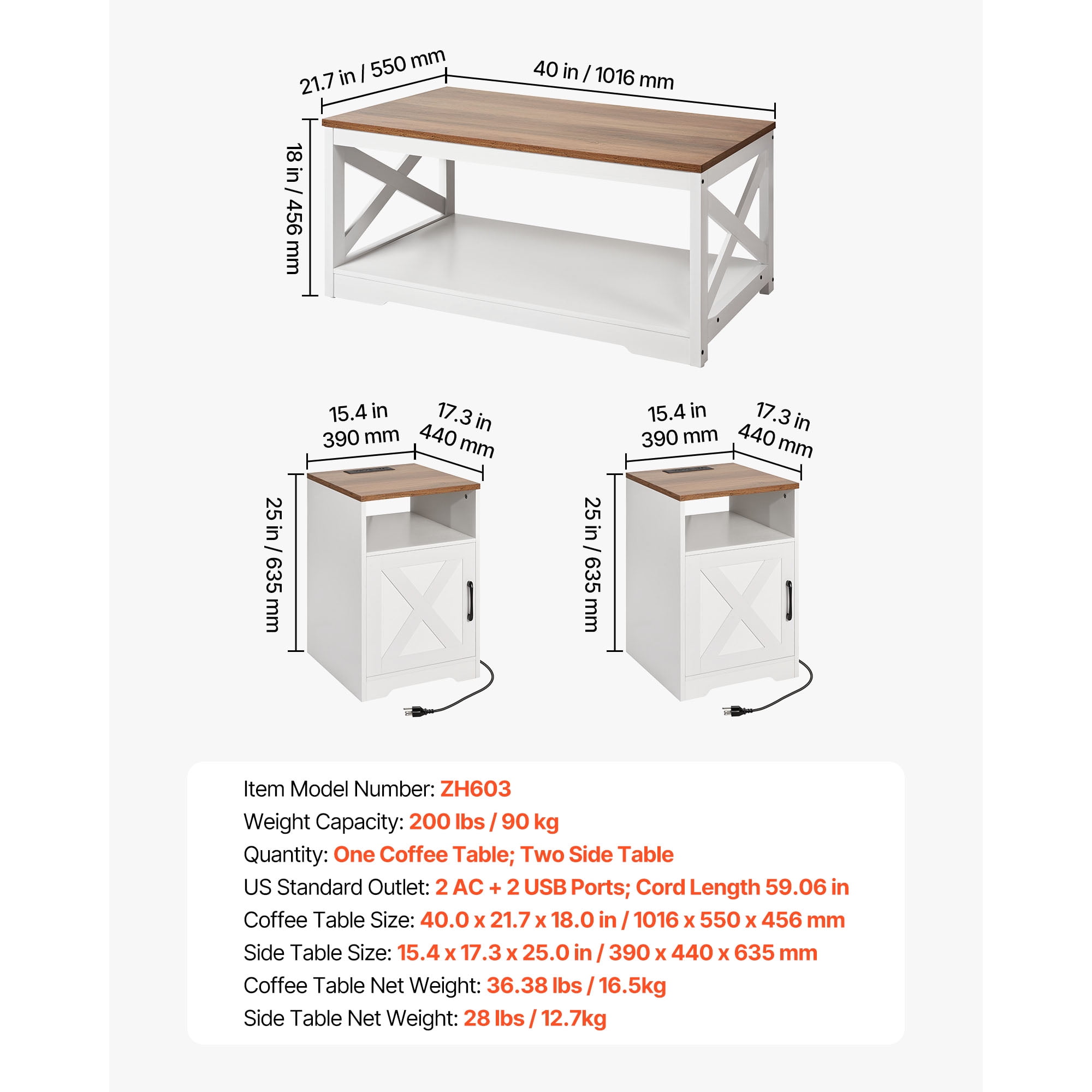 KFFKFF 3-Piece Industrial Coffee Table Set, 40-Inch Coffee Table with 2 Side Tables, Easy Assembly with Built-in Charging Station, Ideal for Living Rooms, Offices, and Apartments