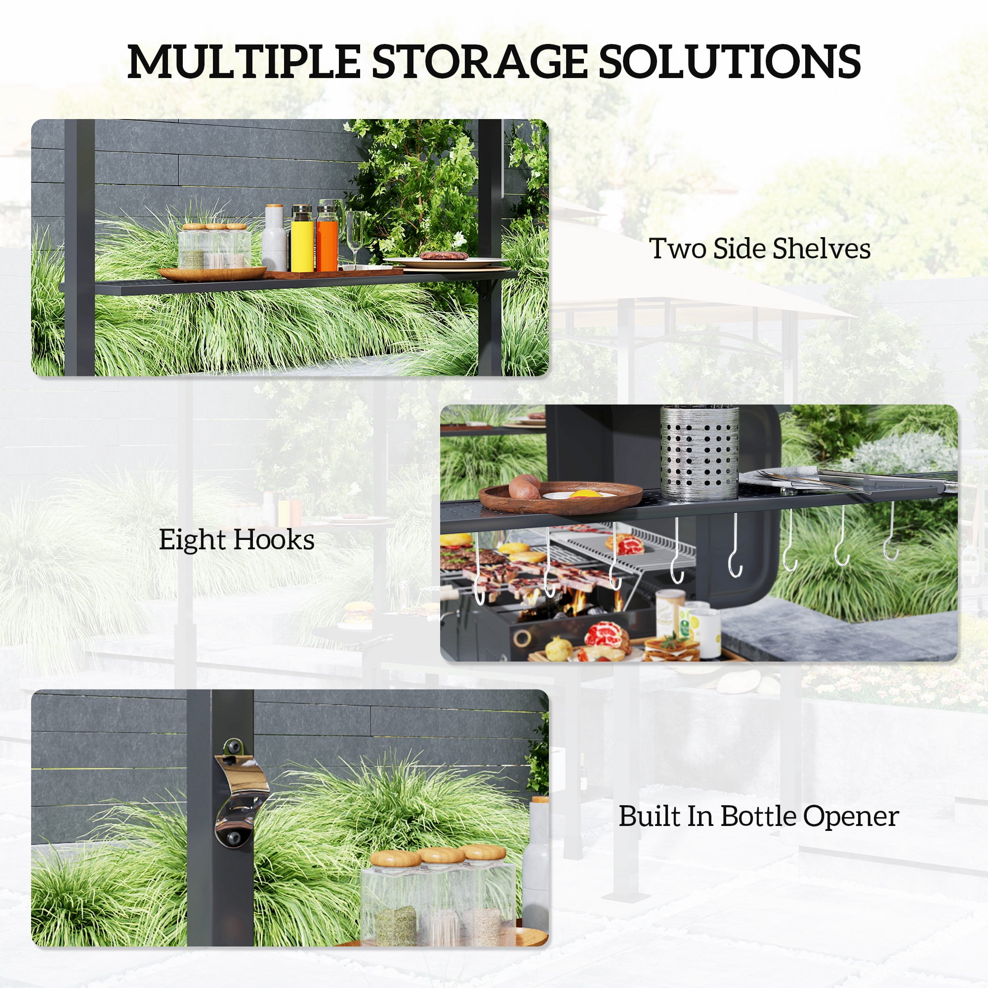 Outsunny 8' x 5' Grill Gazebo, Double Tiered Outdoor BBQ Gazebo with LED Light, 2 Side Shelves, Hooks and Bottle Opener for Patio Yard, Dark Brown
