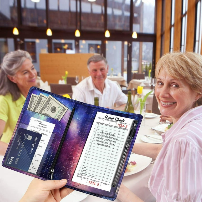 Fintie Server Book Organizer with Zipper Pocket, PU Leather Restaurant  Guest Check Presenters Card Holder for Waitress Waiter Bartender, Galaxy 