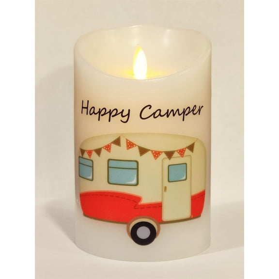 "Happy Camper" (Burnt Orange) Moving Flame LED Candle - White Wax - Indoor - 3.5" x 5" - Blow "OFF" / Blow "ON" - Remote Enabled