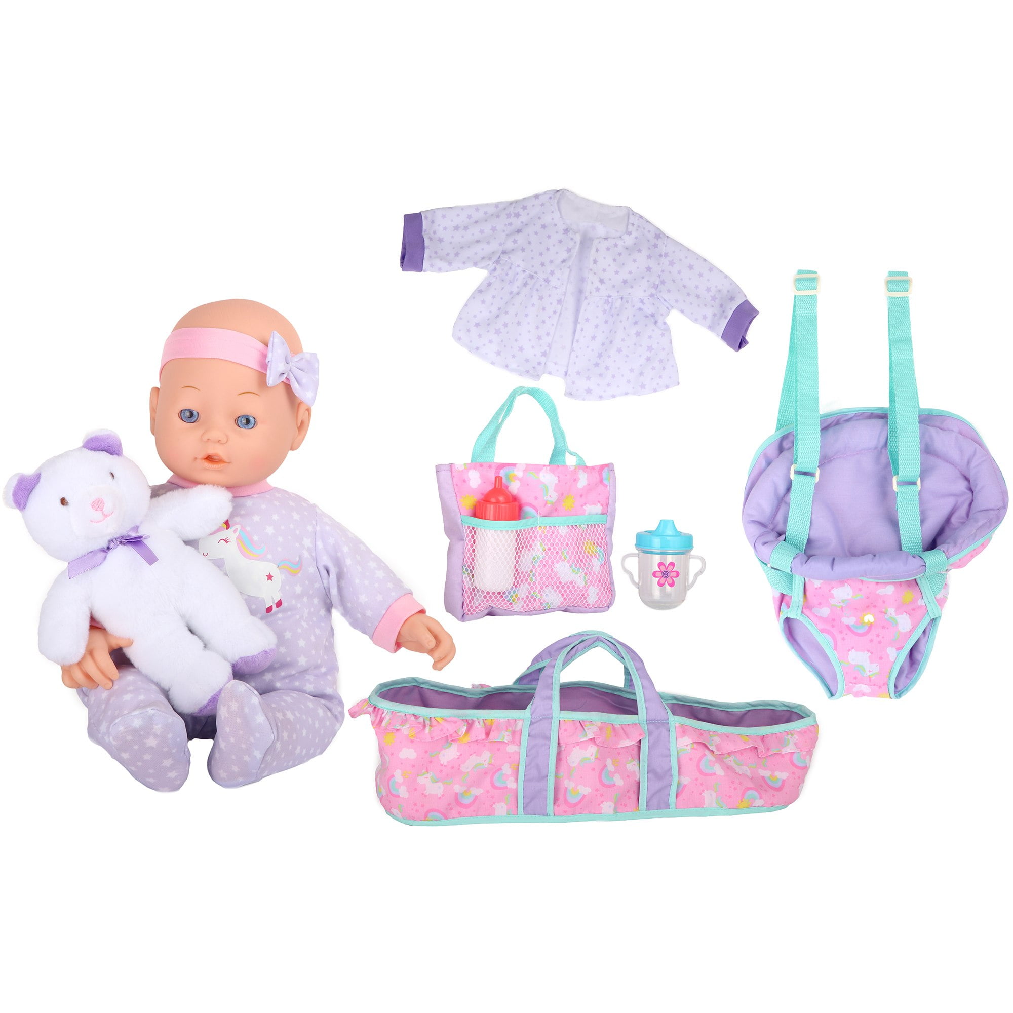 Dream Collection: Deluxe 16" Baby Doll Traveling Set - Unicorn, Grey-Pink-Green - Plush Bear, Bag &Toy Care Accessories, Bassinet & Carrier, Kids 2+