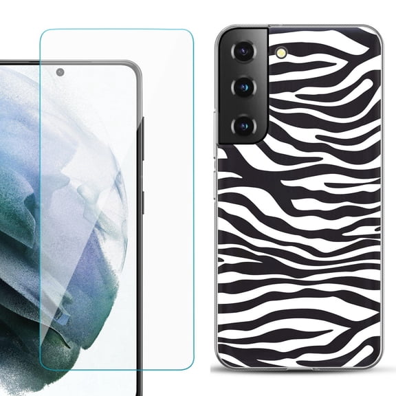 Slim-Fit TPU Fashion Phone Case for Samsung Galaxy S22 5G, with Tempered Glass Screen Protector, by OneToughShield ® - Zebra B/W