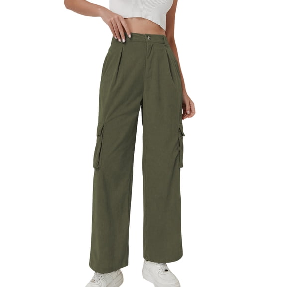 Womens Cotton Wide Leg Corduroy Pants Elastic High Waisted Button Closure Baggy Trousers with Pockets Casual Vacation Pants Army Green