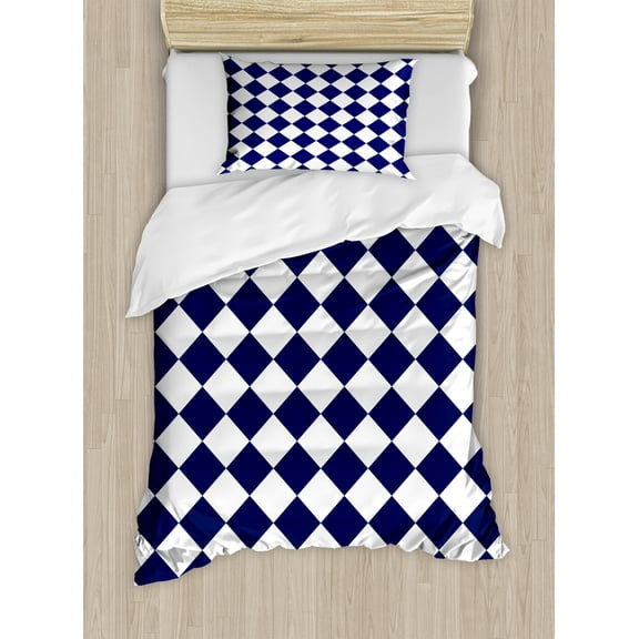 Blue Duvet Cover Set, Classical Old Fashioned Checkered Pattern Geometric Diagonal Skewed Squares, Decorative 3 Piece Bedding Set with 2 Pillow Shams, Queen Size, Navy Blue and White, by Ambesonne