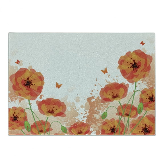 Poppy Flower Cutting Board, Digital Watercolors Design of Poppy Classic Botany Bouquet Patterns Print, Decorative Tempered Glass Cutting and Serving Board, Small Size, Red White, by Ambesonne