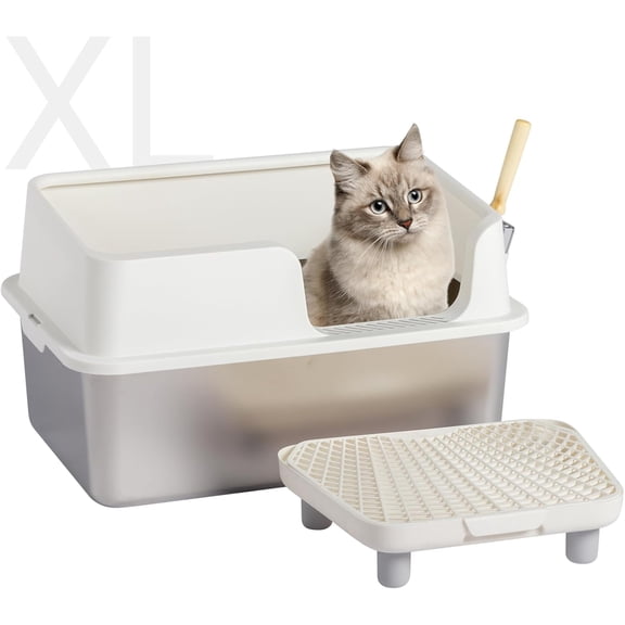 HYJY Stainless Steel Litter Box with Lid, Extra Large Litter Boxes for Big Cats, XL Large Metal Litter Box with High Sides, Non-Sticky, Anti-Urine Leakage, Easy to Cleaning, White
