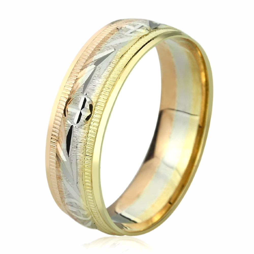 14K Tri-Color Gold Wedding Band 6mm Machine Cut Patterned Ring