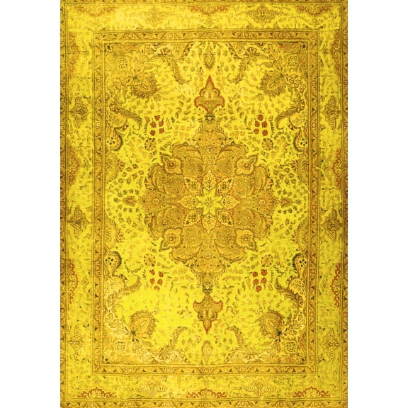 Ahgly Company Machine Washable Indoor Rectangle Persian Yellow Traditional Area Rugs, 5' x 7'