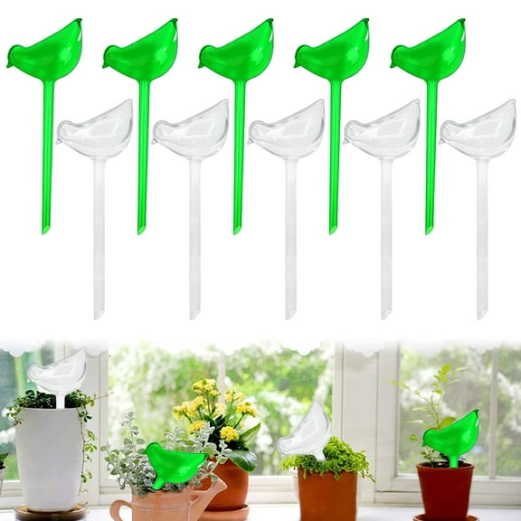 Rirool 10-Pack 5" Self-Watering Globes - Bird Shaped Automatic Plant Watering Bulbs for Indoor/Outdoor Plants, PVC Drip Irrigation Spikes (5 Clear   5 Green)