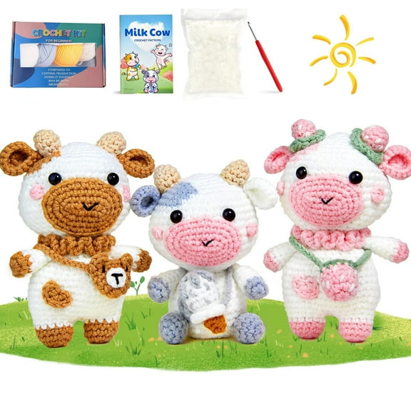 Crochet Kit for Beginners, Crochet Starter Kit for Adults with Video, Amigurumi Crochet Animals Kit DIY Craft, 3 Cow Crochet Kit with Yarn & Hook