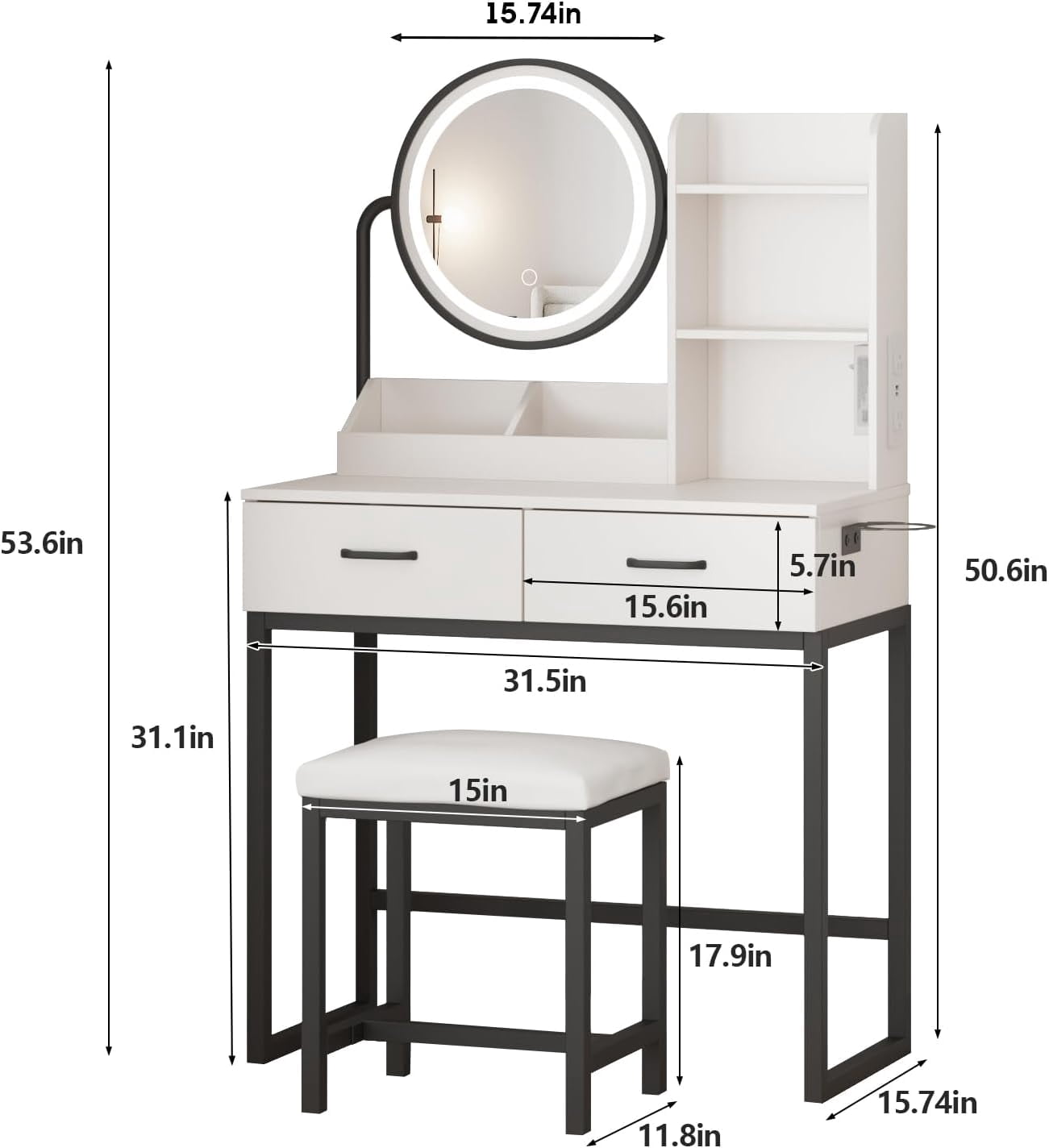 VEANERWOOD Makeup Vanity with Round Mirror and Lights, White Vanity Makeup Table with Charging Station, Small Vanity Table for Bedroom, 3 Lighting Modes, 31.5in(L)