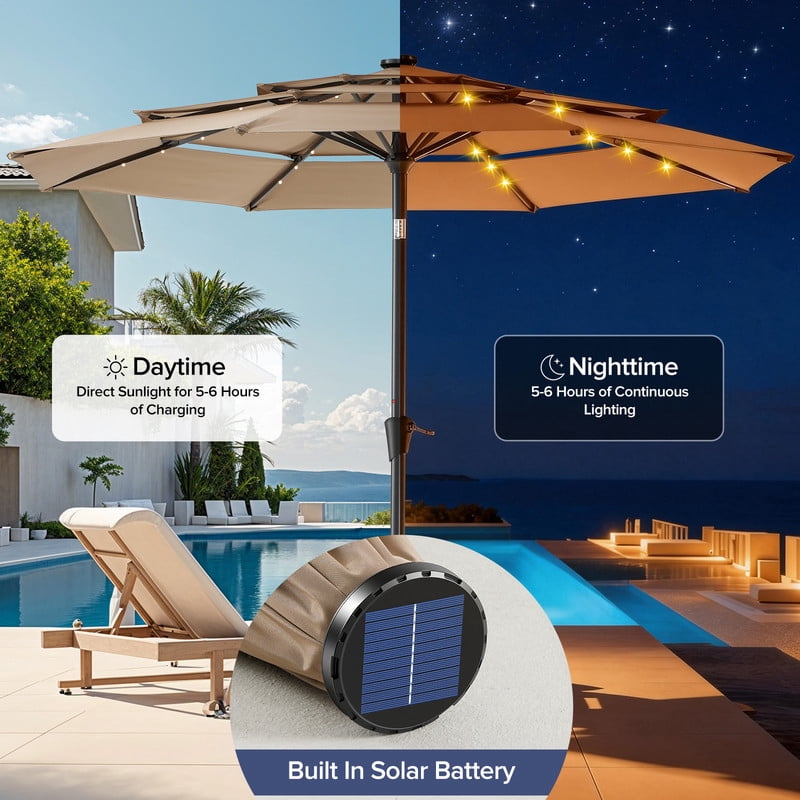 Gianna 10 FT 3-Layer Solar Patio Umbrella, 32 LED Lights Market Umbrella with Adjustable Tilt, 8-Rib Outdoor Sunshade for Backyard, Deck and Poolside，Khaki
