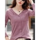 thumbnail image 4 of Camisetas de algodón de manga larga para mujer, blusa verde con cuello en V de Color sólido, camisetas holgadas suaves coreanas de café 2024, 4 of 5