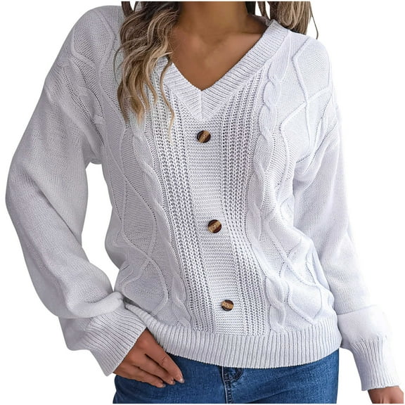 Lovskoo Sweaters for Women Trendy Casual Button Long Sleeve V-Neck Keeping Warm Outing Sweater White