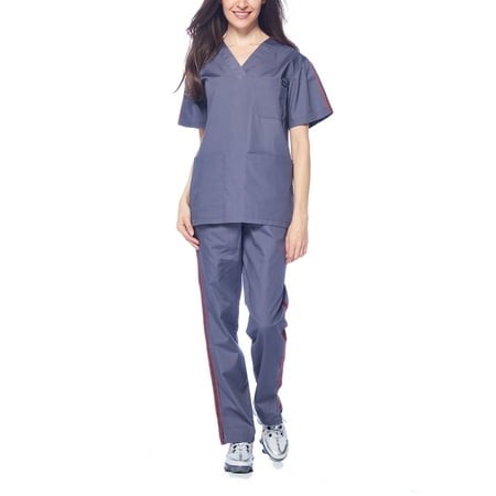 

Dagacci Medical Uniform Unisex Men and Women V-Neck Athletic Trim Cotton Scrub Set (Pewter Gray XL)