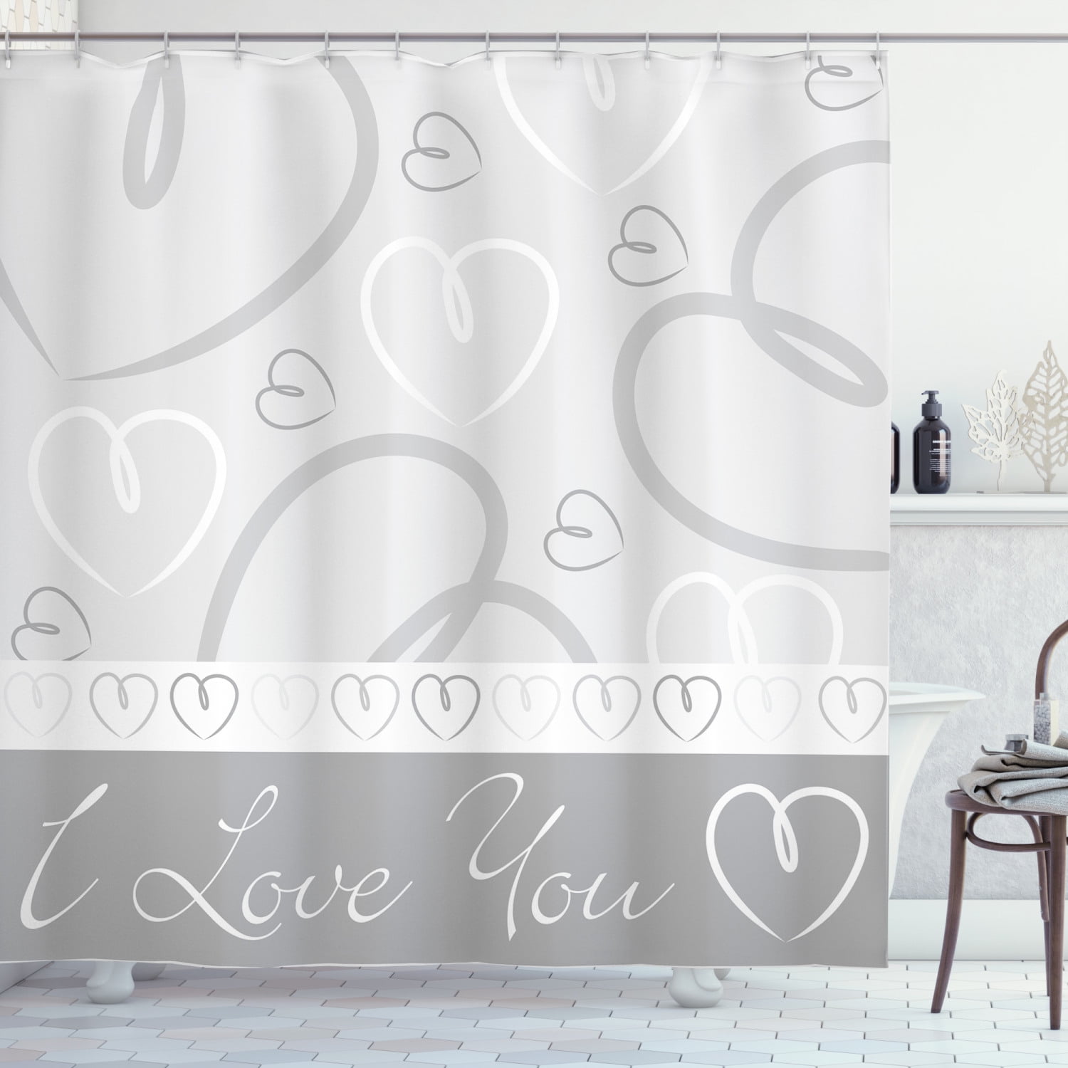 Silver Shower Curtain, Cute Romantic Hand Drawn Doodle Heart Shapes I