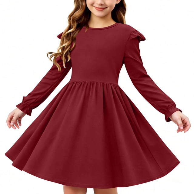 Vestido elástico de manga larga para niñas, estilo patinador, con volantes, estilo línea A, para recital escolar, de manga larga y cuello redondo, de poliéster.